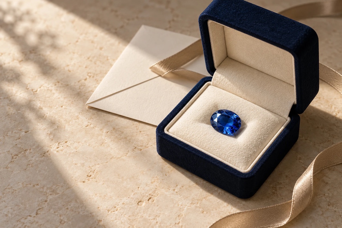 A blue sapphire presented in a navy velvet box